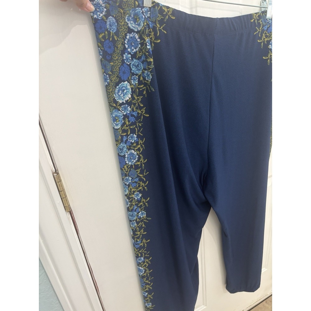 Susan Graver Pants Womens 3X Navy Blue Floral Side Stripe Pull On Plus Stretch - Picture 5 of 6
